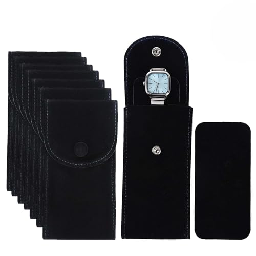 8 Pcs Velvet Watch Pouch Portable Watch Pouch Single Watch Travel Case Watch Storage Bag Luxury Gift Bag with Snap Button for Jewelry Watch Organizer (Black) - color: Black