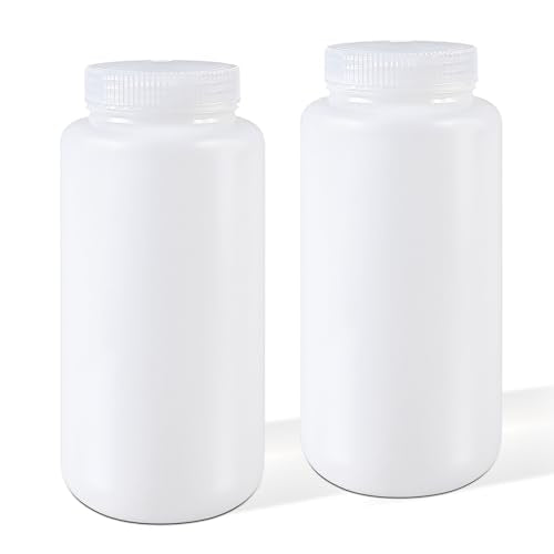 DEMORA 32 oz Plastic Bottles with Lids, Airtight Refillable Wide Mouth Travel Bottles for Toiletries, HDPE Food Grade Plastic Containers for Liquids Pill Water Sample Lab Reagent (Translucent, 2 Pcs) - color: Translucent, size: 32 oz