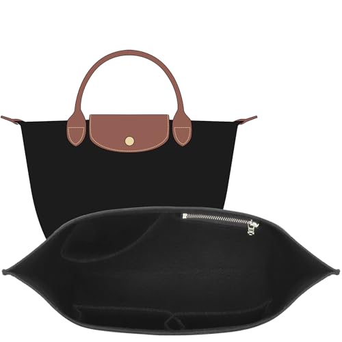 Felt Purse Organizer Insert Compatible with Longchamp Le Pliage S Hangbag, Zipper Long Champ Small Handbag Organizer with Cup Holder, 7 Compartments Bag Insert(Black,S) - color: Black, size: S Handbag