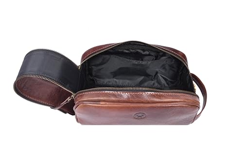 10" Premium Leather Toiletry Travel Pouch With Waterproof Lining | King-Size Handcrafted Vintage Dopp - Kit Gift for Father's Day By Aaron Leather Goods - color: Bone Brown