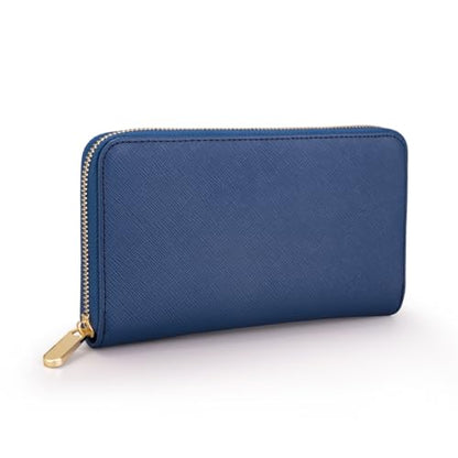 Luxury Real Leather Zip Around Travel Wallet | Large Capicity Card Holder Organizer | Classic Phone Clutch for Men Women (Navy - Saffiano Leather) - color: Navy - Saffiano Leather