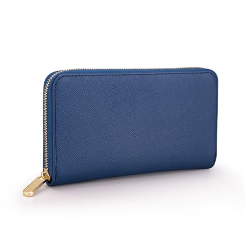 Luxury Real Leather Zip Around Travel Wallet | Large Capicity Card Holder Organizer | Classic Phone Clutch for Men Women (Navy - Saffiano Leather) - color: Navy - Saffiano Leather