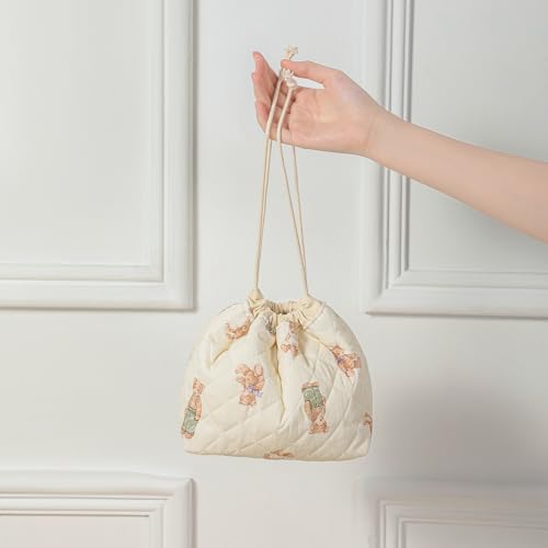 3pcs Large Cotton Quilted Makeup Bag Set,Coquette Aesthetic Cute Travel Toiletry Bag,Drawstring Gift Bag for Women and Girls(3Pcs White Bear) - color: 3Pcs White Bear