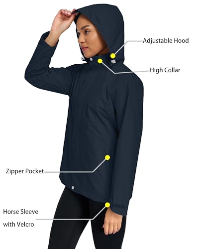 Hount Womens Waterproof Raincoat Lightweight Packable Striped Lined Rain Jacket Casual Travel Outdoor Hooded Jakctes - color: Navy Blue, size: Small