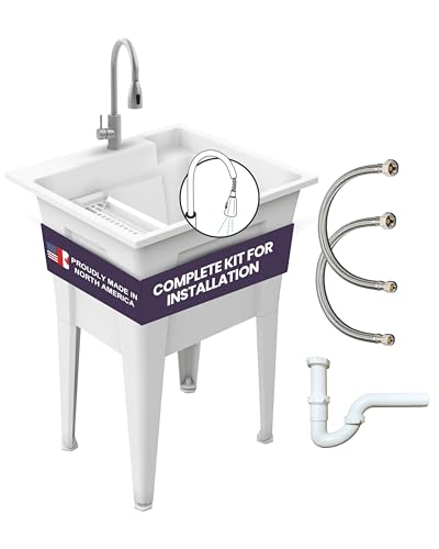 Freestanding Utility Sink with Stainless Steel Gooseneck Faucet - 24" Plastic Utility Sink for Garage, Laundry, Indoor and Oudoor Use - Laundry Tub Kit by Noah William Home - White (19.5 gal) - color: White - Gooseneck faucet
