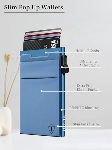 TOYFID Slim Wallet for Men - Pop Up Card Holder Wallet,Minimalist Business Wallet,Credit Card Wallet with Money Pocket,Metal Card Case Wallet,RFID Blocking,Can Hold 6 Credit Cards - color: navy blue B