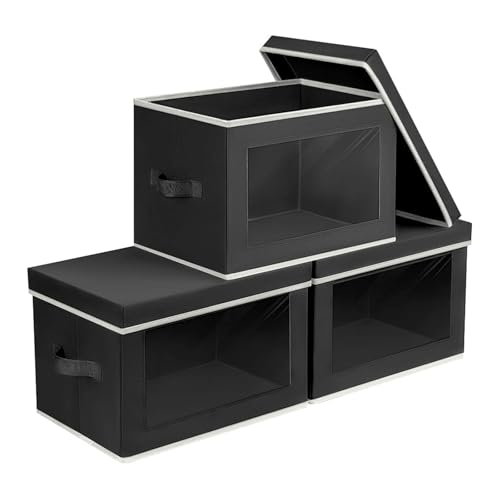 Homsorout Storage Bins with Lids - Small Fabric Organizers with Window, Collapsible Storage Bins for Clothes, Decorative Closet Organizers for Towels, Tshirt, 3 Pack, Black - color: Black, size: S(3-Pack)