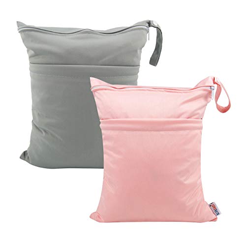 ALVA ALVABABY 2pcs Cloth Diaper Wet Dry Bags Waterproof Reusable with Two Zippered Pockets Travel Beach Pool Daycare Soiled Baby Items Yoga Gym Bag for Swimsuits or Wet Clothes L-B1929 - color: 02grey & pink