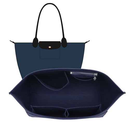 Felt Purse Organizer Insert Compatible with Longchamp Le Pliage M Tote Bag, Zipper Long Champ Medium Organizer with Cup Holder for Tote Handbags, 8 Compartments (Blue,M) - color: Blue, size: M Tote Bag (Long Handle)
