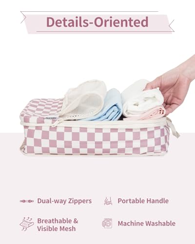 Narwey 6 Set Compression Packing Cubes for Travel Women Men, Travel Cubes for Carry On Suitcase, Durable Compression Luggage Organizer Bags - color: Z-Dusty Rose Checkerboard