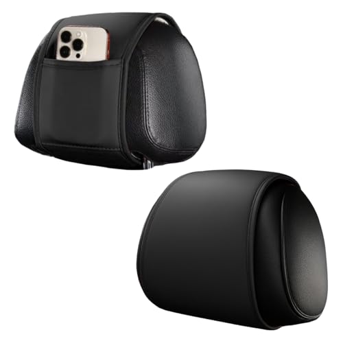2PCS Car Headrest Covers for Back Seat, Leather Dirt-Proof Car Seat Head Rest Protector with Pocket, All Season Universal Auto Interior Decoration Headrest Organizer for Phone, Key (Black) - color: Black