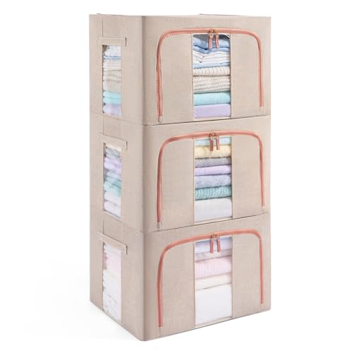 GuliPostan 3 Pack 66L Stackable Clothes Storage Bins with Metal Frame Handles & Zipper, Collapsible Closet Organizer Box with Lid for Bedding Blankets Towel (Beige) - color: Beige, size: Large-66L (3 Pack)