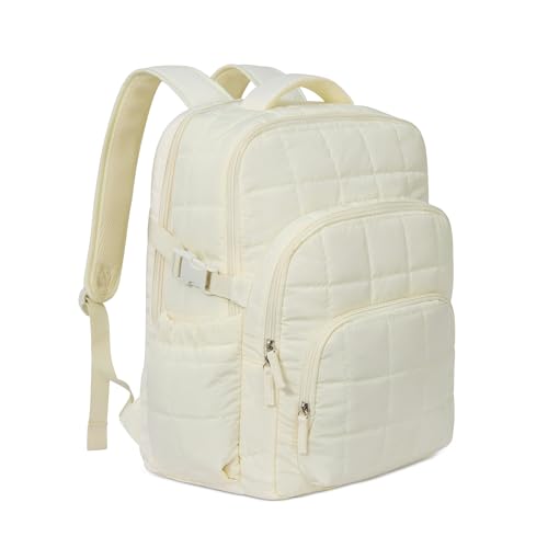 CLUCI Wrinkle-Resistant Laptop Backpack for Women, 17.3 Inch Anti Theft Travel Backpack, Puffer Quilted Work Backpack, Water Resistant College Bookbag with RFID - color: Wrinkle-resistant Fabric White