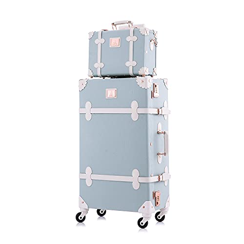 UNIWALKER Vintage Suitcase Set for Women, 2 Piece Handcraft Leather Spinner Trunk Luggage with Cosmetic Train Case, 24"+12", Embossed Blue - color: embossed blue, size: 24in+12in