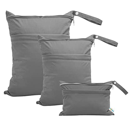 babygoal Wet Dry Bags for Baby Cloth Diapers, Washable Travel Bags, Beach, Pool, Gym Bag for Swimsuits & Wet Clothes with Two Zippered Pockets 3 Pack(S,M,L), 3SML01 - color: Grey