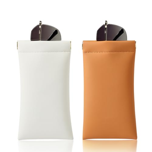 Squeeze Top Sunglass Case, New Organosilicon Soft PU Leather Eyeglass Glass Case Travel Large Sunglasses Pouch - color: Creamy White+orange