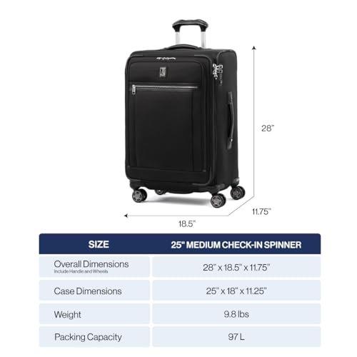 Travelpro Platinum Elite Softside Expandable Checked Luggage, 8 Wheel Spinner Suitcase, TSA Lock, Men and Women, Shadow Black, Checked Medium 25-Inch - color: Shadow Black, size: Checked-Medium 25-Inch