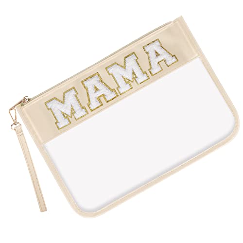 Iqimott Chenille Clear Letter Mama Bag Flat Pouch, Monogram Glitter Letter Patch Makeup Cosmetic Bag Zipper Toiletry Pouch, Portable Travel Beach Snack Wristlet Bags for Women Girls(Mama, Beige) - color: Mama-Beige