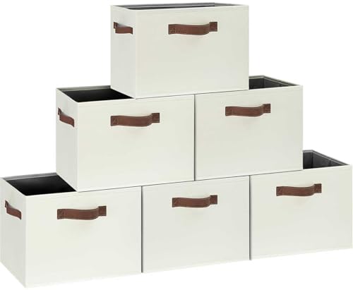 GhvyenntteS Large Storage Baskets for Shelves 6 Pack, Collapsible Fabric Storage Bins with 3 Handles, Decorative Closet Organizers and Storage bins for Clothes Blanket Beddings (Beige, 15"x11"x9.6") - color: Beige, size: Large-6 Pack