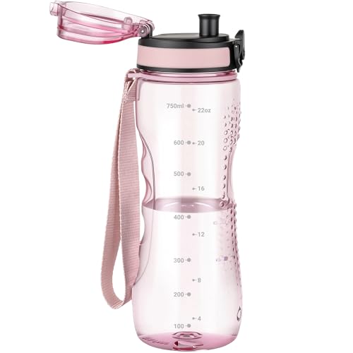 OLDLEY 25 oz Water Bottle, Motivational Water Bottle with Time Marker, Sports Water Bottle With Strap, Leakproof & BPA Free Large Water Bottles for School, Gym, Travel, Outdoor, Transparent Pink - color: B-Transparent Pink, size: 25 Ounces