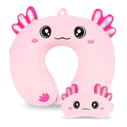 Travel Pillow, Kids Travel Pillow with Sleep Eye Mask Soft Memory Foam Kids Neck Pillow for Boys & Girls, Travel Accessories for Car Airplane Traveling - Axolotl - color: Pink Axolotl