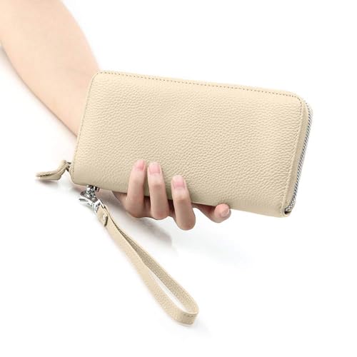 Moflycom Womens Wallet RFID Blocking Genuine Leather Zip Around Wallet Clutch Wristlet Travel Long Purse for Women - color: Y1-Beige