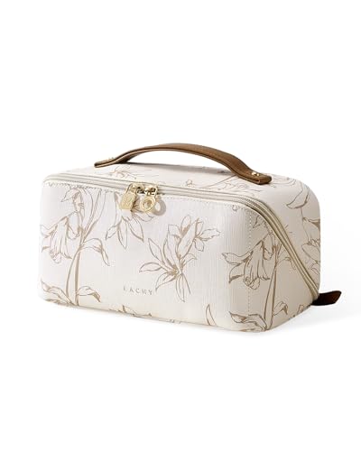 EACHY Travel Makeup Bag, Large Capacity Cosmetic Bags for Women, Waterproof Portable Pouch Open Flat Toiletry Bag Pattern Make up Bag (F-Beige) - color: AA-Beige, size: Medium