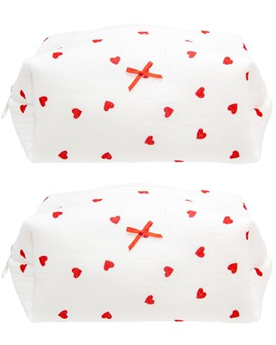 PAZIMIIK 2PCS Cozy Makeup Bag Small Aesthetic Travel Zipper Cosmetic Pouch for Women Make Up Beauty Accessories Brushes,Heart Red - color: Heart Red, size: 2PCS