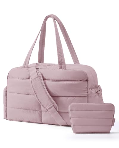 BAGSMART Gym Bag for Women, Lightweight Puffer Duffle Bag 2-PC Travel Bag, 31L Weekender Overnight Bag Quilted Carry On Tote Bag, Diaper Hospital Dance bag for Travel, Gym, Water Resistant - color: Misty Purple