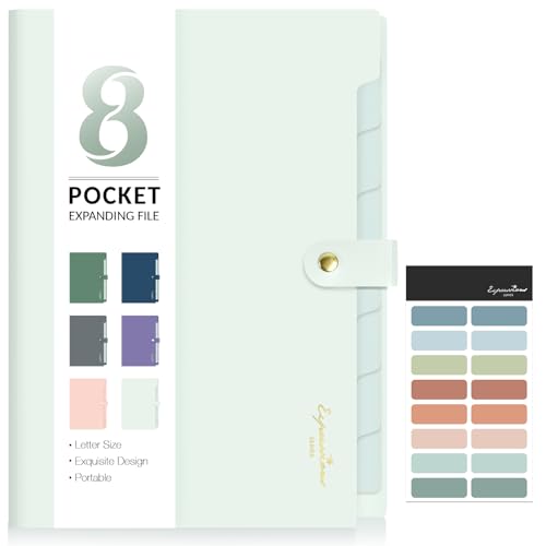 Sooez Elegant Accordion File Organizer, 8 Pocket Expanding File Folders with Labels, Portable Folder for Documents, Cute Paper Organizer for School Office Supplies, Letter Size, Light Green - color: Light Green