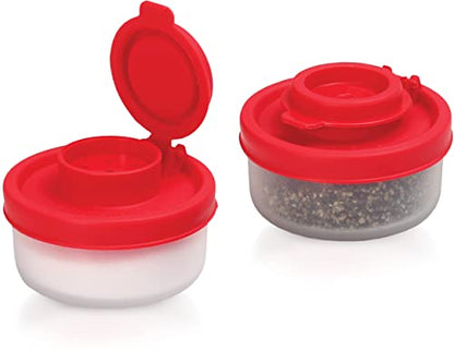SIGNORAWARE Salt and Pepper Shakers Moisture Proof Set of 2 Small Mini Salt Shaker to go Camping Picnic Outdoors Kitchen Lunch Boxes Travel Spice Set Clear with Red Covers Plastic Airtight Dispenser - size: Small, 2 pack
