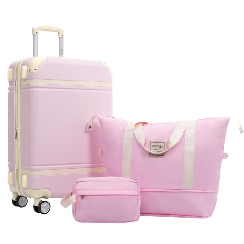 Merax Suitcase Set 24 inches Expandable Luggage with TSA Lock Spinner Wheels Hardshell Lightweight Vintage Luggage with Travel Bag,Light Pink - color: Light Pink, size: 24 IN