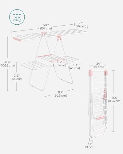 SONGMICS Clothes Drying Rack, Foldable 2-Level Laundry Drying Rack, Free-Standing Laundry Airer, with Height-Adjustable Wings, 33 Drying Rails, Sock Clips, White and Pink ULLR053P01V1 - color: White + Pink, size: 2 Tiers（22"d x 61.8"w x 64.3''h )