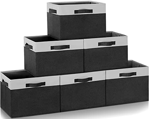 GhvyenntteS Large Storage Baskets for Shelves 6 Pack, Collapsible Fabric Storage Bins with 3 Handles, Decorative Closet Organizers and Storage bins for Clothes Blanket Beddings (Black, 15"x11"x9.6") - color: Black & White, size: Large-6 Pack