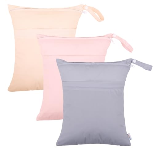 ALVA ALVABABY 3pcs Cloth Diaper Wet Dry Bags Waterproof Reusable with Two Zippered Pockets Travel Beach Pool Daycare Soiled Baby Items Yoga Gym Bag for Swimsuits or Wet Clothes 3L-ZM10 - color: Yellow Apricot Light grey
