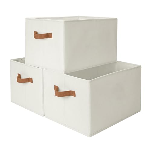 StorageWorks Foldable Storage Bins with PU Handles, Closet Storage Baskets, Fabric Bins for Clothes Storage, Ivory White, 3-Pack, Extra Large - color: Ivory White, size: Extra Large