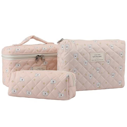 3PCS Coquette Makeup Bag,Quilted Cosmetic Bag Large Make Up Bag Set,Quilted Portable Toiletry Organizer Bag,Cotton Travel Skincare Bag for Women Girls(07-White bunny) - style: 07-white Bunny