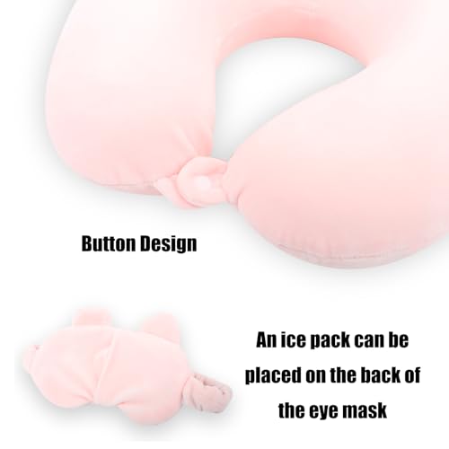 Kids Neck Pillow for Travel with Sleep Eye Mask, Cute Travel Neck Pillow, Memory Foam Flight Sleeping Headrest Pillow for Boys & Girls, Airplane, Train, Car, Home Use - Peach Bear - color: Peach Bear