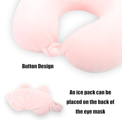 Kids Neck Pillow for Travel with Sleep Eye Mask, Cute Travel Neck Pillow, Memory Foam Flight Sleeping Headrest Pillow for Boys & Girls, Airplane, Train, Car, Home Use - Peach Bear - color: Peach Bear