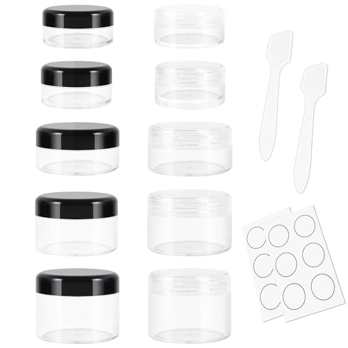 10 Pieces Travel Size Containers, 3/5/10/15/20 Gram Small Travel Containers for Cream, Lotion, Lip Balm and Toiletries, Leak Proof Sample Jars With Labels & Spatulas, Black+Clear - color: Mix color