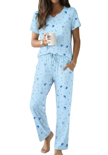 Ekouaer 2 Piece Womens Pajamas Short Sleeve Top and Long Pants Pjs Set Printed Sleepwear with Pocket - color: Blue Moon, size: Large