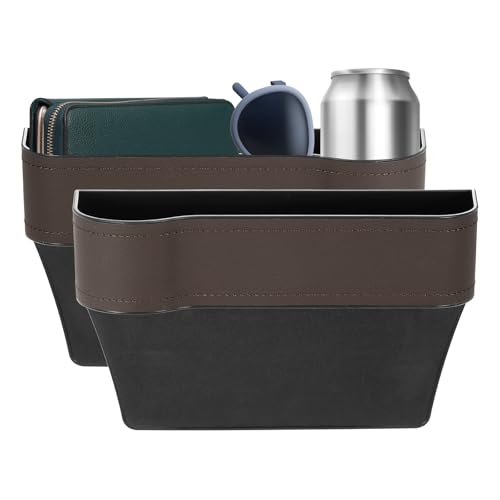 HARFINGTON 2pcs Car Seat Gap Filler Organizer 10.2 x 6.5 x 3.1 Inch ABS+Leather Universal Car Organizer Storage Box Between Seat and Console (Left+Right) with Cup Holders for Phone, Brown - color: Brown
