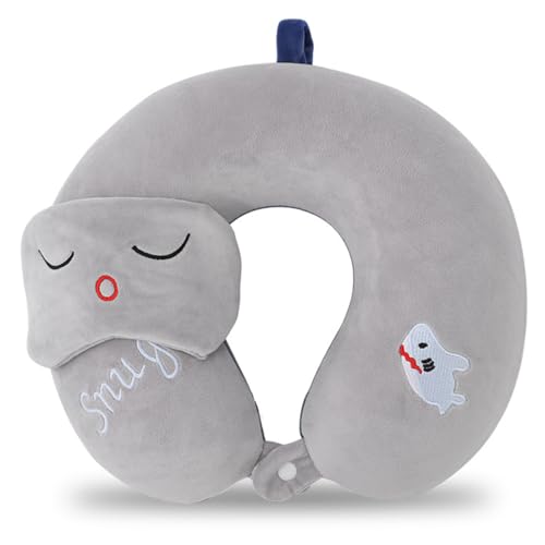 Kids Neck Pillow for Travel with Sleep Eye Mask, Cute Travel Neck Pillow, Memory Foam Flight Sleeping Headrest Pillow for Boys & Girls, Airplane, Train, Car, Home Use - Little Shark - color: Little Shark