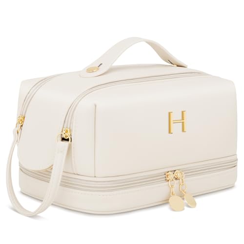 Gifts for Women Birthday Gifts Initial Makeup Bag for Women Personalized Large Capacity Travel Toiletry Bag Cosmetic Bag Gifts for Mom-Graduation Gift for Teens Girls (Beige H) - color: Beige, style: H