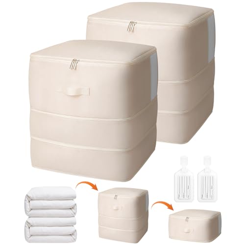 2 Pack Comforter Storage Bag, 136L Blanket Storage Bags Self Compression Comforter Organizer and Storages, Space Saving Washable Compression Bags for Blanket Bedding Pillow Duvet Quilt, Beige - color: Beige, size: 136L x 2