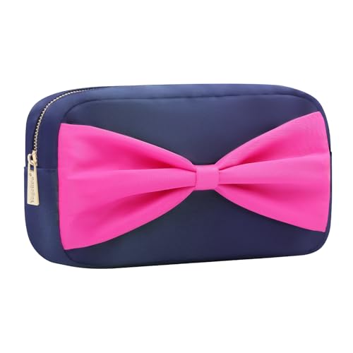 Small Makeup Bag for Women Fashion Travel Cosmetic Pouch Mini Toiletry Kit Bag with Bow (M,NavyBlue-Bow) - color: NavyBlue-Bow, size: M