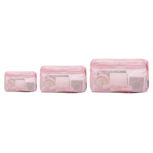 NOL Natural Organic Lifestyle 3-Pack Mesh Travel Toiletry Bags - Clear Zipper Travel Organizer, Airport Carry-On Compliant Reusable Cosmetic Makeup Bag for Women & Men (Pink) - color: Pink