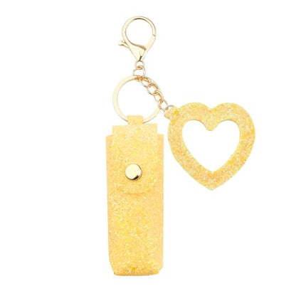 Sisadodo Glitter Lip Oil Holder Key Chains for Woman Lipstick Case with Mirror Lip Balm Keychain for Lipstick Case Keychain - color: Yellow-heart