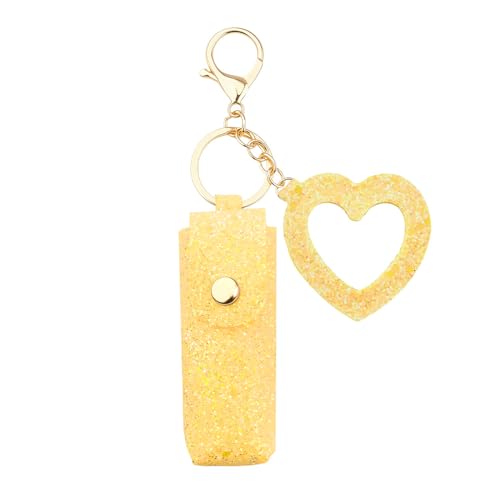 Sisadodo Glitter Lip Oil Holder Key Chains for Woman Lipstick Case with Mirror Lip Balm Keychain for Lipstick Case Keychain - color: Yellow-heart