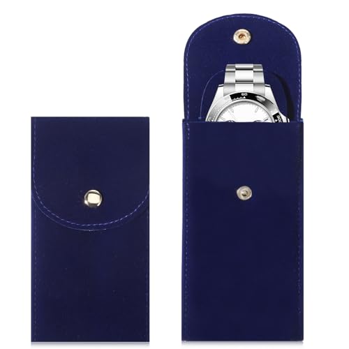 2 Pcs Velvet Watch Pouch Portable Flannelette Watch Storage Bag Single Travel Pouch for Men and Women Storage Bag Luxury Gift Bags with Snap Button for Jewelry Organizer (Blue) - color: blue